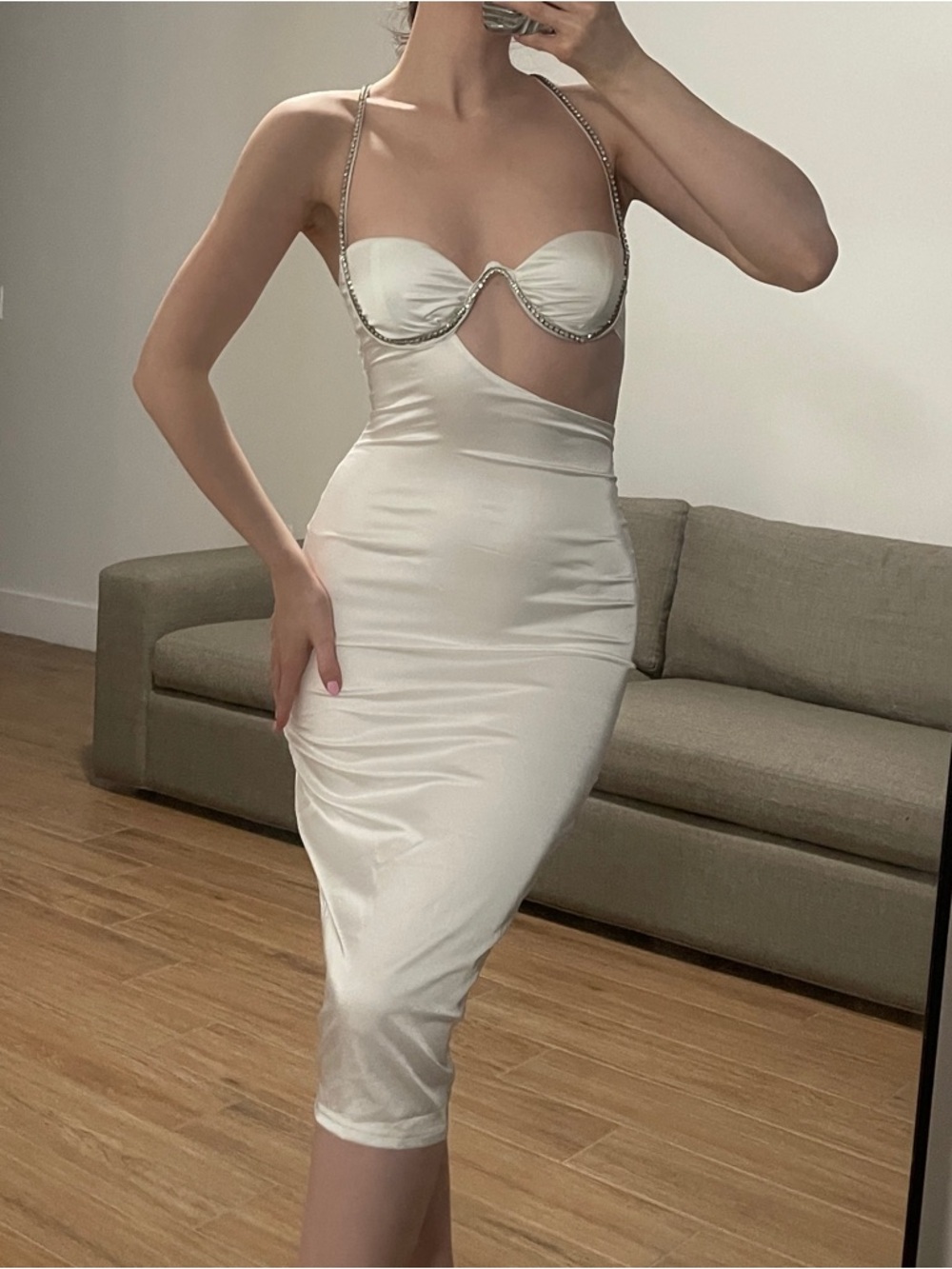 NEW Cutout Satin Midi Dress with Rhinestone Straps